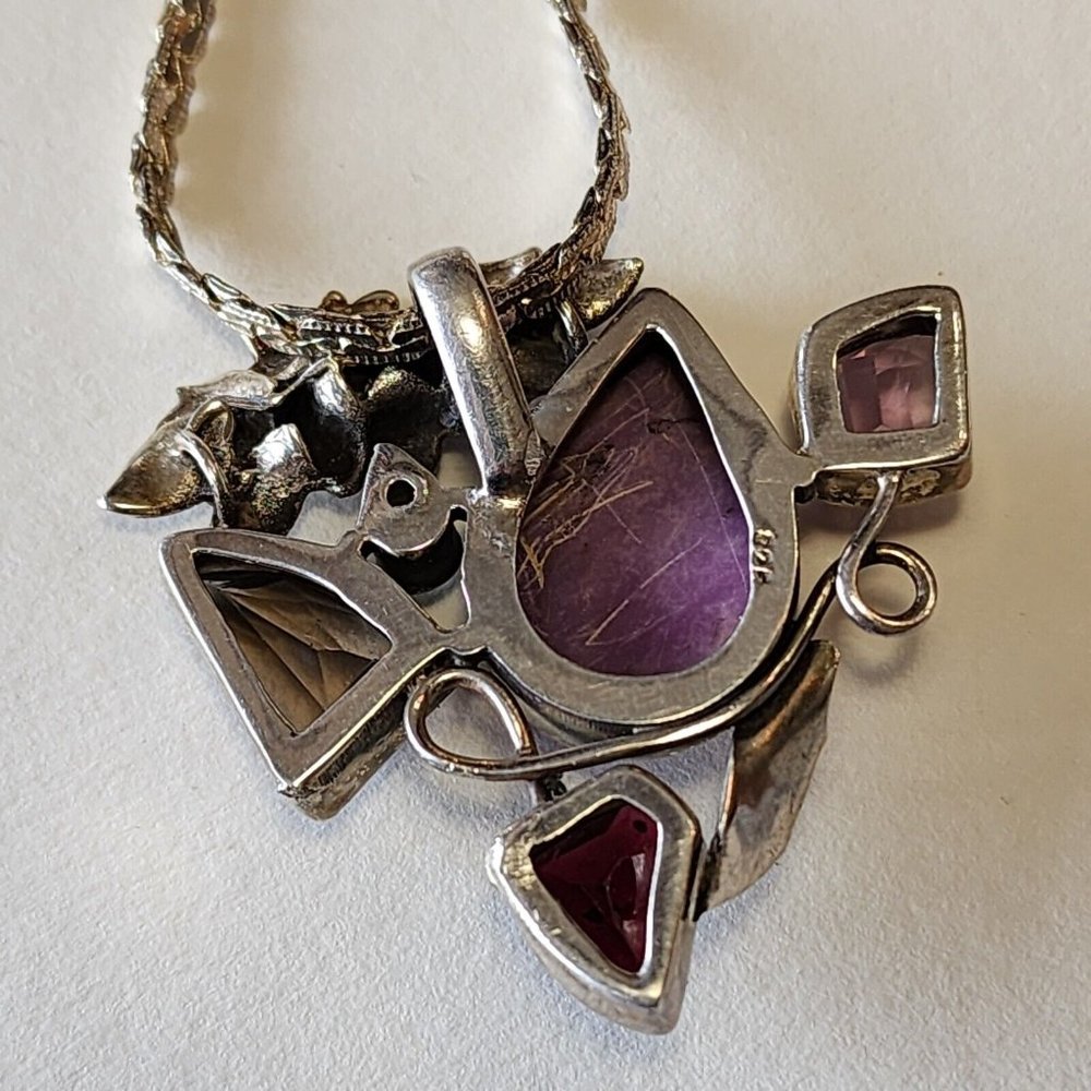 Vintage Sterling 925 Pendant Semi-precious Stones Floral Silver Work With 24... - Picture 12 of 16